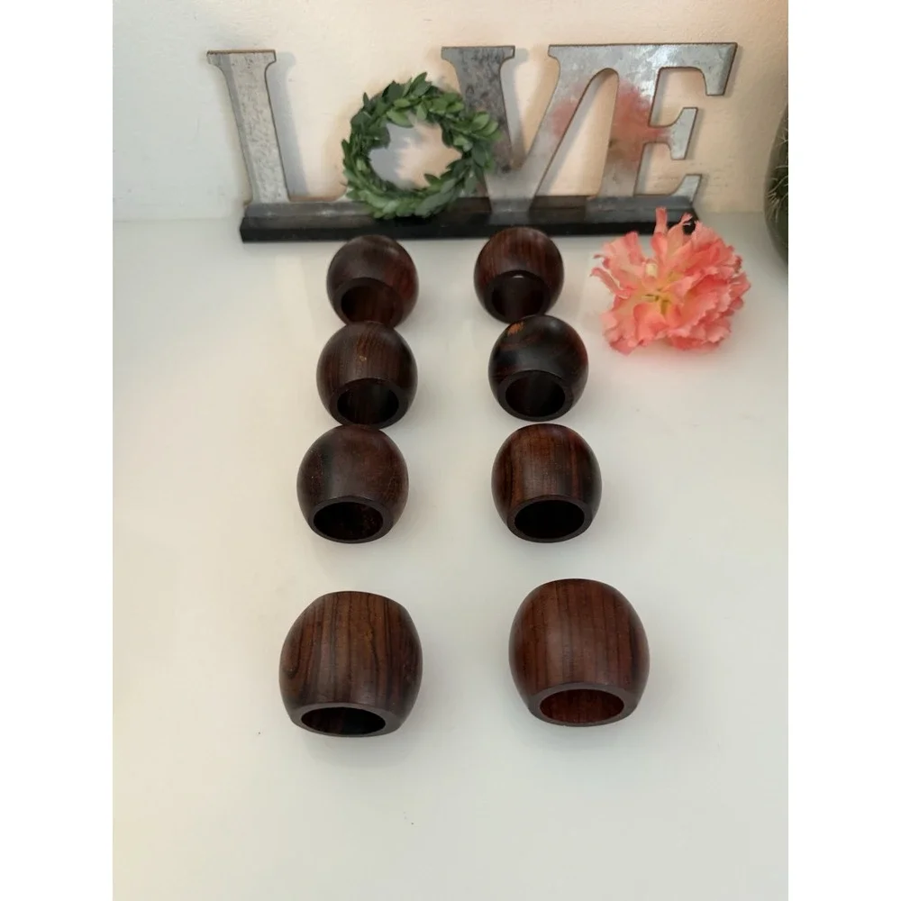 Vintage Lot of 8 Hand Made Brown Wooden Napkin‎ Rings Flat End Boho Decor 2 In